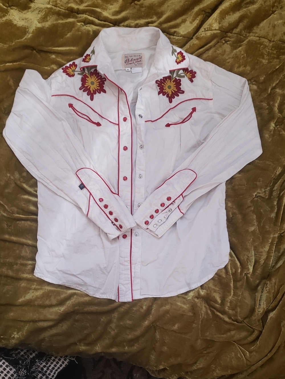 Embroidered Western Floral Button-Up Shirt - White with Red & Yellow - Rockmount